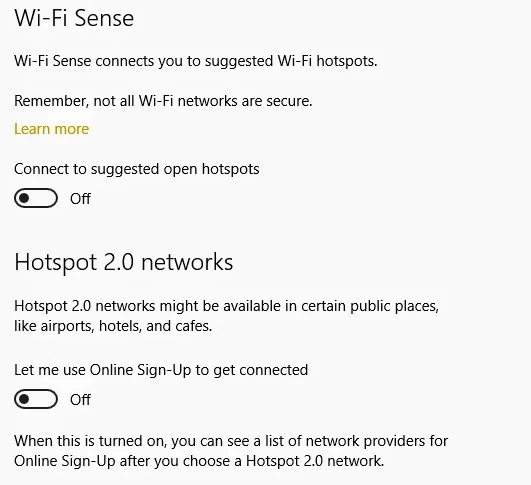 Disable Wi Fi Sense and under it disabe Hotspot 2.0 networks and Paid Wi Fi services.2